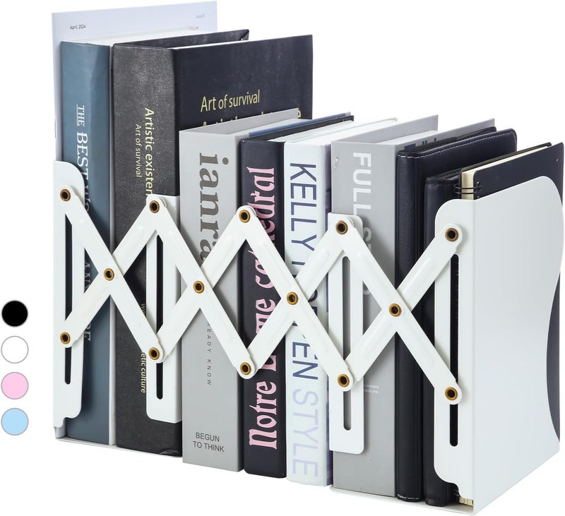 MG Adjustable Bookends Book Ends for Shelves, Metal Bookend for Heavy Books, Desk Magazine File Organizer Holder Extends up to 20in, Book Stopper for Home, Office, Classroom (White) - Image 1